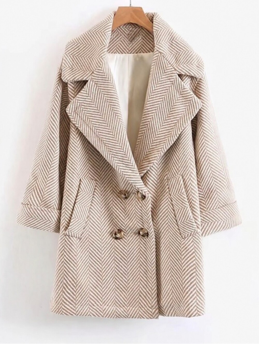 Womens Beige Herringbone Double-Breasted Coat, Size M